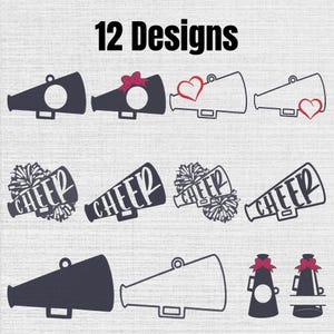 May include: A digital graphic set titled 12 Designs featuring various illustrations of cheerleading megaphones. The collection includes solid and outlined megaphone shapes, some decorated with bows, hearts, pom-poms, and the word CHEER in script.