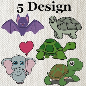 5 Cute Animal Embroidery Designs – Bat, Elephant with Balloon, Turtles – Cartoon Machine Embroidery Files – Instant Download