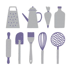May include: A collection of gray and purple kitchen tools, including a grater, teapot, piping bag, bottle, rolling pin, spatula, brush, whisk, and a mesh strainer. The tools are arranged on a white background.