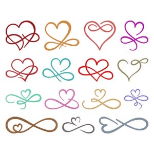 May include: A collection of stylized heart and infinity symbol designs in various colors. The designs include red, orange, pink, purple, teal, and brown. The hearts and infinity symbols are intertwined and have a delicate, flowing appearance.