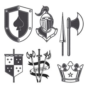 May include: A monochrome illustration featuring medieval elements. It includes a shield with a spade, a knight's helmet, a spear, an axe, a banner, swords, and a crown. The banner displays the text "CASTLE GUARD".