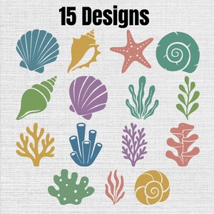 May include: A digital graphic set titled 15 Designs featuring various marine life illustrations including seashells, a starfish, coral, and seaweed in shades of blue, yellow, purple, green, and pink arranged in a grid on a textured white background.