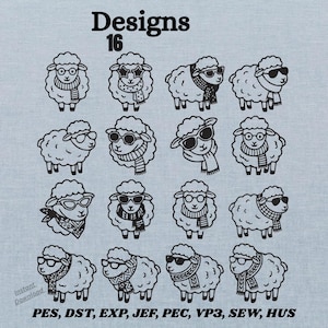 Pode incluir: Uma coleção digital de 16 desenhos de linhas pretas de ovelhas num fundo azul claro. Cada ovelha apresenta acessórios únicos, incluindo vários estilos de óculos de sol, cachecóis e bandanas. Texto: Designs 16, Instant Download, PES, DST, EXP, JEF, PEC, VP3, SEW, HUS.