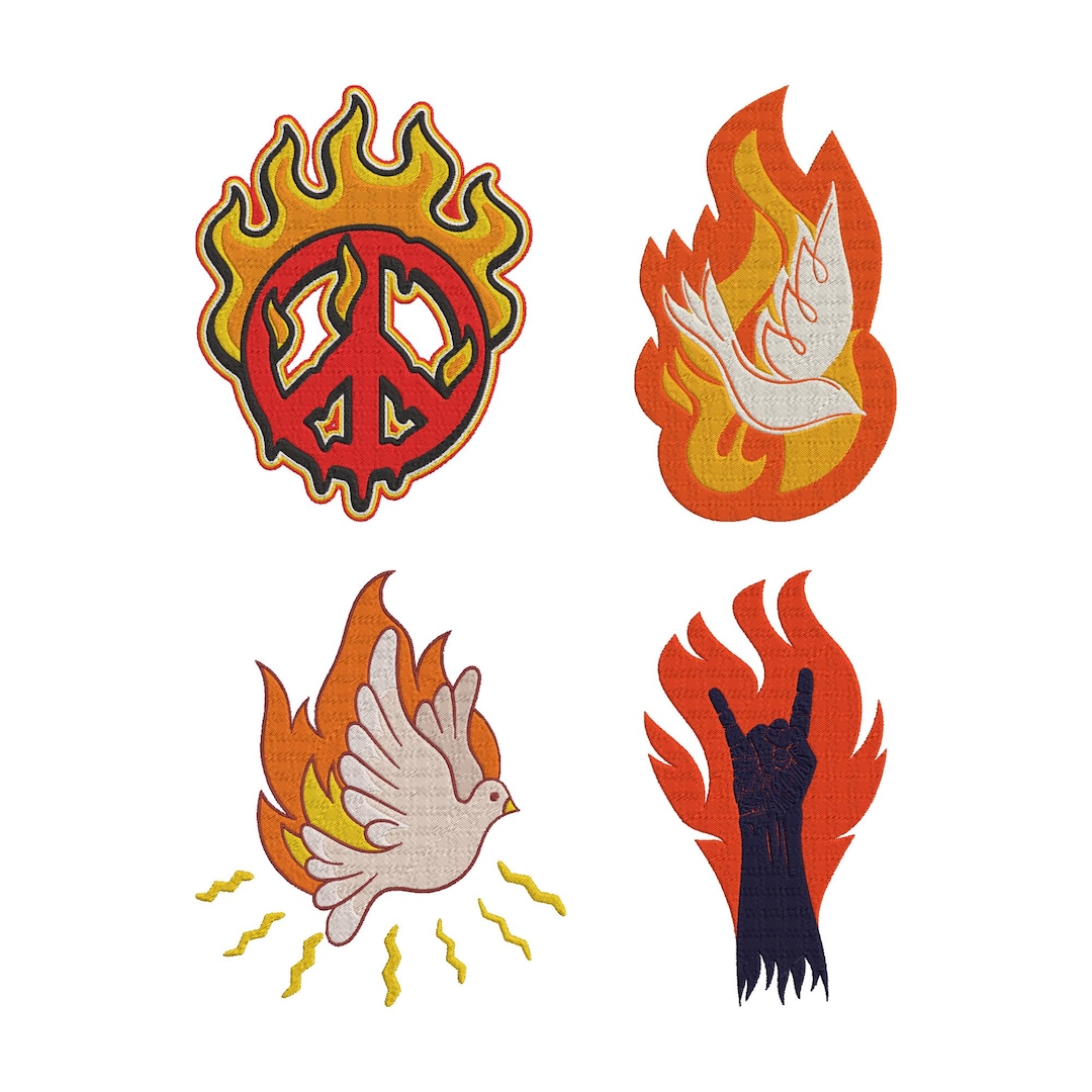 Flame Peace Sign Embroidery Design,4 Fire Peace Dove or Rock Hand ...