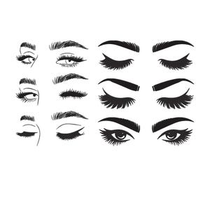May include: A selection of black and white eye illustrations. The image showcases diverse eye shapes, both open and closed, with detailed eyelashes and eyebrow designs. The illustrations are in a minimalist style, ideal for beauty-related products.