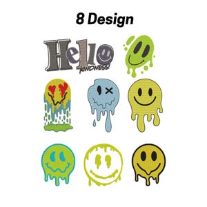 Dripping Smiley Face Machine Embroidery Design Bundle,8 Funky Melting Faces + Hello Kindness Text,Instant Download