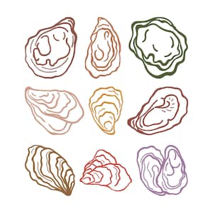 May include: Nine oyster illustrations in various colors, including brown, green, red, and purple, are arranged on a white background. The drawings showcase the shells' textures and shapes, offering a stylized depiction of the seafood.