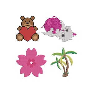 Archivo de bordado de animales lindos: oso, gato, palmera y flor. Archivo de bordado a máquina en seis tamaños. Descarga instantánea.