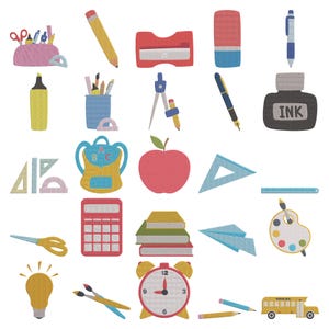 May include: A collection of embroidered school supply patches including a pencil case, yellow pencil, red sharpener, eraser, blue pen, yellow highlighter, pencil holder, compass, ink bottle with text, backpack, red apple, rulers, calculator, books, paper plane, palette, scissors, lightbulb, alarm clock, paintbrushes, and a yellow school bus.