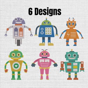Puede incluir: Seis ilustraciones de robots coloridos dispuestas en dos filas con el texto 6 Designs en la parte superior. Los robots presentan varias formas, incluyendo cuerpos redondos, cuadrados y triangulares en tonos morado, azul, naranja, verde, rosa y turquesa.
