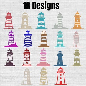 Könnte beinhalten: Eine Sammlung von 18 Leuchtturm-Designs, die in einem Raster angeordnet sind. Jeder Leuchtturm hat eine einzigartige Farbe, darunter Rot, Blau, Rosa, Braun und Beige, mit verschiedenen gestreiften oder einfarbigen Mustern. Der Text 18 Designs steht oben.