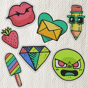 Leuke cartoon-patch set van 7 – kleurrijke emoji, hart, lip, ijs, aardbei, diamantborduurontwerpen – leuk digitaal clipartpakket voor kinderen
