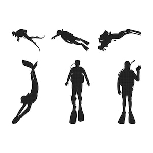 Peut inclure: Ensemble d'illustrations en silhouette noire de plongeurs sous-marins dans diverses poses. Les images montrent des plongeurs nageant, plongeant et signalant sous l'eau, avec des équipements tels que des bouteilles et des palmes.