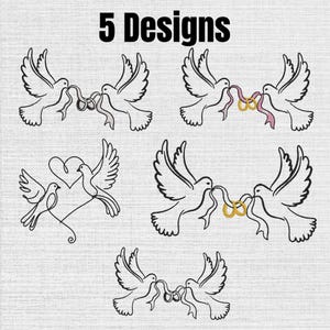 Op de afbeelding: Een digitale afbeelding met 5 Designs en de tekst 5 Designs bovenaan. De afbeelding toont vijf verschillende lijntekeningen van paren duiven. Sommige duiven houden linten met gouden ringen vast, terwijl één paar verbonden is door een hartvorm.