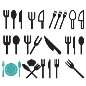 May include: A collection of black and white utensil icons, including forks, spoons, and knives. The image also features a teal plate, a teal spoon, and a chef's hat. The utensils are arranged in various orientations, suitable for culinary or restaurant-themed designs.