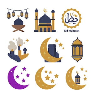 Puede incluir: Colección de ilustraciones de temática islámica con mezquitas, lunas crecientes, estrellas y linternas en azul marino, dorado y marrón. También se incluye la frase "Eid Mubarak".