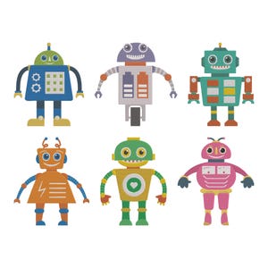 May include: Six colorful robot illustrations. Each robot has a unique design, with different colors like blue, orange, green, and pink. They have various shapes and details, including antennas, gears, and heart-shaped accents. The robots are set against a white background.