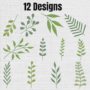 Op de afbeelding: Een verzameling van 12 ontwerpen met diverse botanische illustraties van groene bladeren en takken. Elke afbeelding toont een unieke rangschikking van gebladerte, waaronder ronde, puntige en varenachtige bladeren in groentinten.