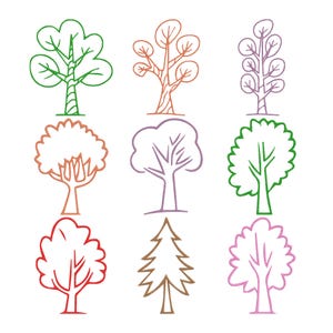 May include: Nine colourful tree illustrations in various styles. The trees are outlined in green, orange, purple, red, and brown, with different shapes and leaf patterns. The image is on a white background.