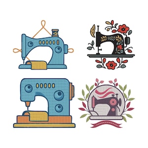 Puede incluir: Cuatro diseños de máquinas de coser en un diseño cuadrado. Dos máquinas son azules con detalles en naranja y amarillo. Las otras dos son negras y moradas con detalles florales. Adecuado para proyectos de manualidades.