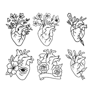 以下が含まれることがあります： 花や植物の要素をあしらった、白黒の線画イラスト。心臓のイラストには、花、葉、矢などが描かれています。これらのデザインは詳細で、さまざまな用途に適しています。