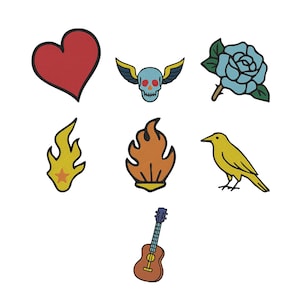 May include: A selection of embroidered patches with diverse designs. Includes a red heart, a blue winged skull, a blue rose, two flame motifs, a yellow bird, and a brown guitar. Each patch has a detailed, stitched appearance.