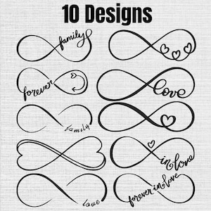 Puede incluir: Una colección de 10 diseños de símbolos de infinito en negro sobre un fondo gris claro. Los gráficos incluyen varios estilos de bucles infinitos, algunos incorporando corazones, flechas y las palabras cursivas family, love y forever in love.