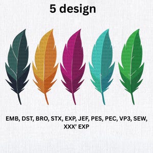 Colorful Feather Embroidery Design Set – 5 Unique Feather Patterns – Digital Machine Embroidery Files_ Instant Download