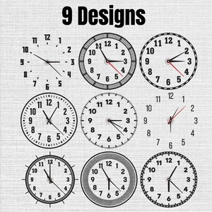 May include: A collection of 9 Designs featuring various black and white clock faces with Arabic numerals. Each clock displays a unique circular border style, ranging from simple lines to dashed marks, with black hour and minute hands.