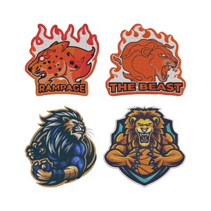 May include: Four embroidered patches with animal illustrations. One features a leopard with the text "Rampage", another an orange lion with "The Beast". The other two show lions, one blue and the other holding a basketball.