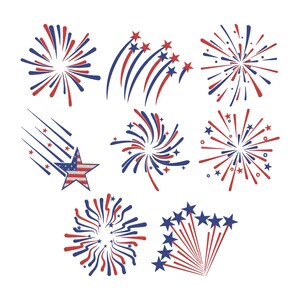 May include: A collection of patriotic illustrations featuring fireworks and starburst designs in red, white, and blue. The designs include star-shaped elements and various burst patterns, perfect for Independence Day or other patriotic celebrations.