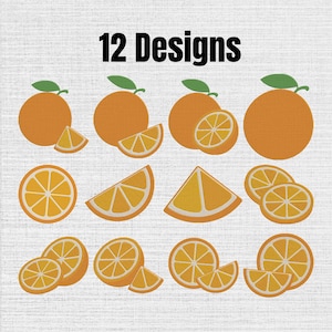 May include: A digital graphic set titled 12 Designs featuring various orange illustrations. The collection includes whole oranges, halved oranges, and individual orange slices in shades of bright orange, yellow, and green, arranged in a grid.