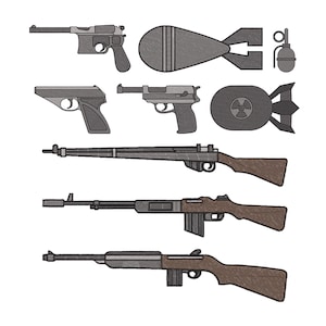Könnte beinhalten: Eine Illustration verschiedener Waffen, darunter Handfeuerwaffen, Gewehre, eine Granate und zwei Bomben. Die Waffen sind in Grau- und Brauntönen gehalten und weisen detaillierte Linien auf. Die Bomben haben eine strukturierte Oberfläche.