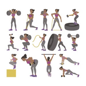 May include: An illustration of a woman performing various exercises. She is wearing a pink sports bra, grey leggings, and purple shoes. The exercises include lifting weights, using resistance bands, and jumping.