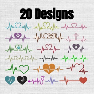 May include: A collection of 20 embroidery designs featuring various heartbeat EKG lines combined with hearts, a paw print, a cross, a stethoscope, and the word LOVE. The designs are rendered in multiple colors including blue, green, pink, and orange.