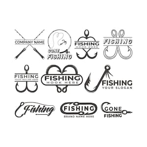 May include: A collection of black and white fishing-themed logos. Designs include crossed fishing rods, fishing hooks, and the words "Fishing" and "Gone Fishing." Some logos have space for a company name or tagline.