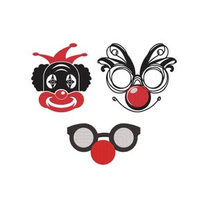 May include: Three clown-themed designs on a white background. The designs include a clown face with a red nose and a jester hat, a mask with a red nose, and a pair of glasses with a red nose. The designs are in black, red, and white.
