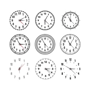 May include: Nine black and white clock faces with different times. Each clock has a white background, black numbers, and black hands. Some clocks have a red second hand. The clocks are arranged in a grid.