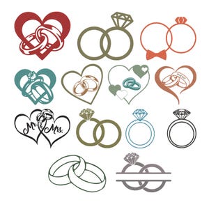 Op de afbeelding: Een verzameling van veertien digitale borduurontwerpen met diverse trouwringmotieven, waaronder in elkaar grijpende ringen, diamanten solitairs en hartvormige kaders. Sommige ontwerpen bevatten tekst zoals Mr. & Mrs. en datums, weergegeven in rode, groene, oranje, blauwe en grijze contouren.