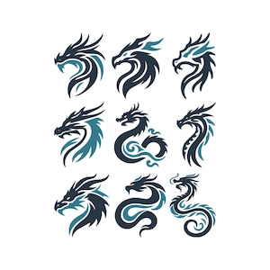 May include: Nine stylized dragon illustrations in navy blue and teal. The designs vary, showcasing different poses and details, all set against a white background. The dragons are depicted in profile, with intricate details in their heads and bodies.