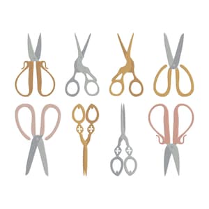 May include: An assortment of eight decorative scissors in various colors, including gold, silver, and pink. The scissors feature ornate handle designs and sharp blades, perfect for crafting or sewing projects. The scissors are arranged on a white background.