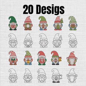 May include: A digital collection of 20 Designs featuring Christmas gnomes. The set includes ten colorful illustrations and ten matching black and white line art versions. Each gnome holds holiday items like gifts, wreaths, trees, and bells.