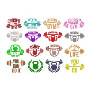 May include: A collection of colorful CrossFit and fitness-themed logos. Each logo features text like "CrossFit," "Fitness," and "Gym," along with images of barbells and kettlebells. The designs are in various colors, including red, green, and purple.