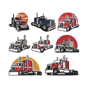 Puede incluir: Colección de siete ilustraciones de camiones semirremolque en varios colores, incluyendo rojo, azul y gris. Cada camión está representado con un diseño detallado, sobre un fondo de un sol o un círculo estilizado. Los camiones se muestran de lado.