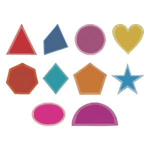 Puede incluir: Una colección de parches de tela coloridos en varias formas geométricas, incluyendo un triángulo rojo, un trapecio azul, un círculo rosa, un corazón amarillo, un octágono naranja, un diamante turquesa, un pentágono naranja, una estrella azul, un óvalo rosa y un semicírculo morado.