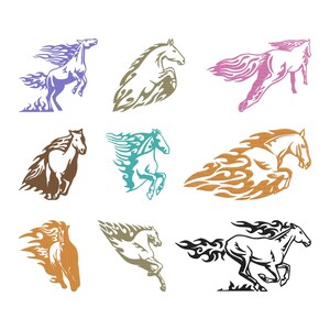 May include: Nine illustrations of horses in dynamic poses, featuring flowing manes and flame-like details. The colour palette includes purple, brown, pink, teal, and gold. These designs are suitable for graphic design projects. The horses are depicted in various poses, suggesting speed and movement.