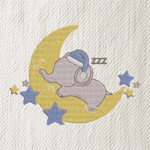 Sleeping Elephant Embroidery Design – Baby Moon and Stars Stitch – Cute Animal Machine Embroidery File – Instant Download