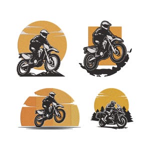 Könnte beinhalten: Vier Illustrationen von Motocross-Fahrern auf Motorrädern. Jedes Bild zeigt einen Fahrer in Aktion, mit einer monochromen Farbpalette vor orangefarbenen und gelben Sonnen oder geometrischen Formen. Die Designs vermitteln Geschwindigkeit und Abenteuer, geeignet für verschiedene Anwendungen.