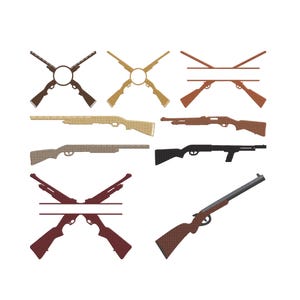 Puede incluir: Una colección de ilustraciones de armas en varios colores, incluyendo marrón, beige y negro. Los diseños presentan rifles cruzados, rifles individuales y rifles con espacio para texto. La imagen está sobre un fondo blanco.