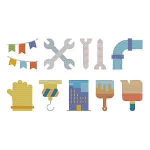Puede incluir: Colección de iconos ilustrados con temática de construcción. La imagen incluye llaves inglesas cruzadas, una tubería, un guante, una grúa, un edificio, pinceles y banderines decorativos de varios colores. Los iconos están diseñados con una apariencia texturizada similar al papel.
